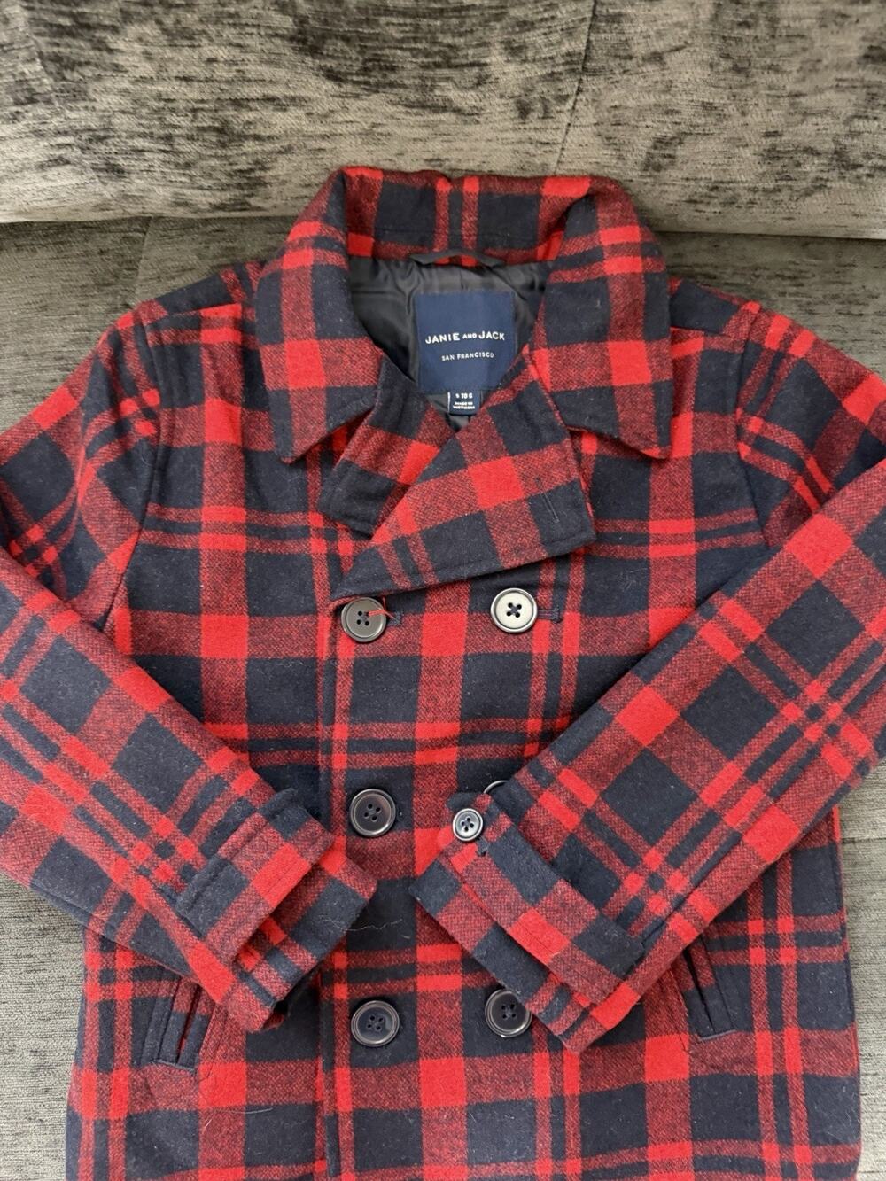 Janie And Jack Buffalo Plaid Red Black Wool Blend Coat Peacoat Size 5/6 Girls